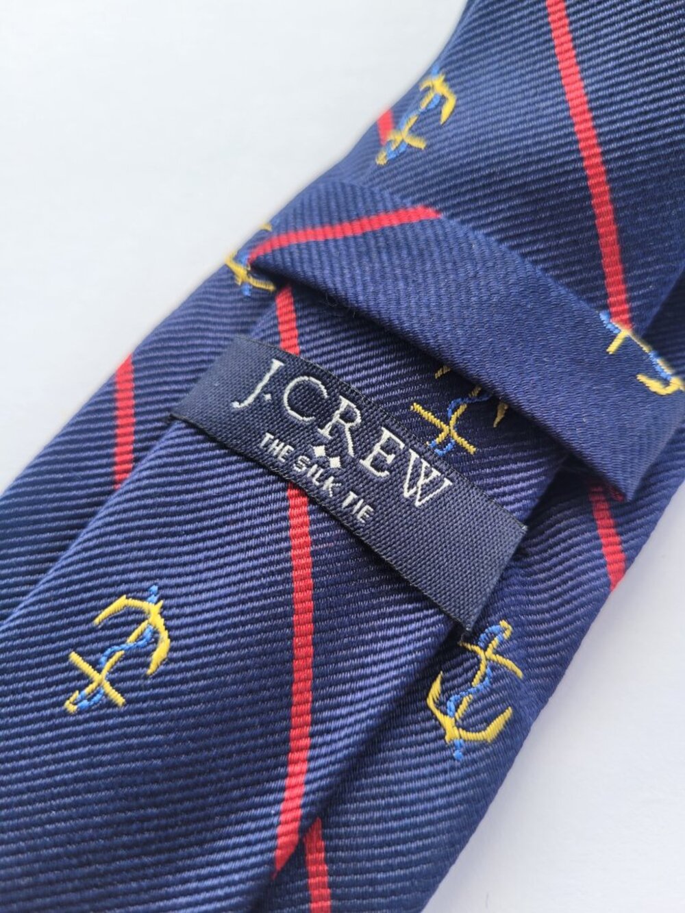 J Crew Men's 100% Silk Tie Anchor Striped Classic Navy Blue & Red Embroidered